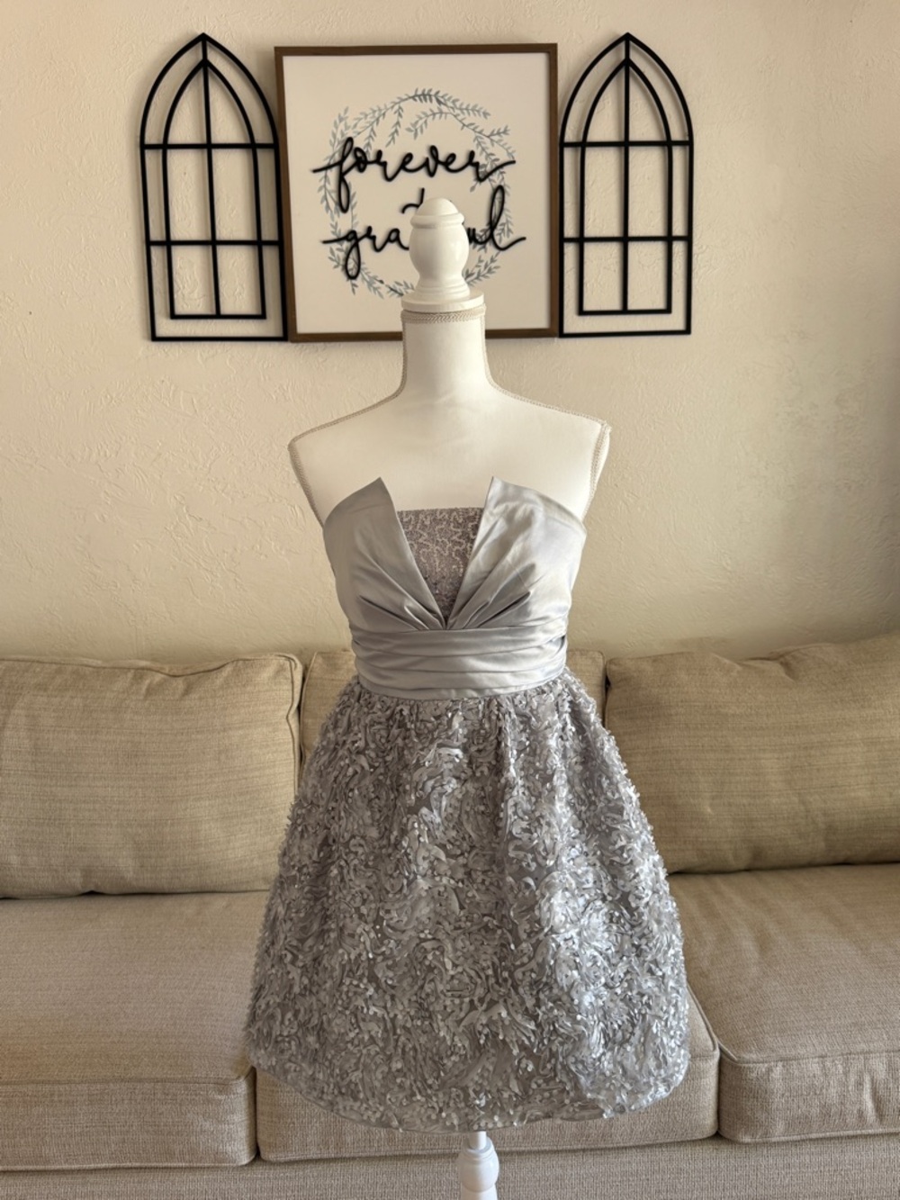 Rare 2000s Silver Strapless A-Line Mini Dress Size 3 Bow Details Textured Skirt